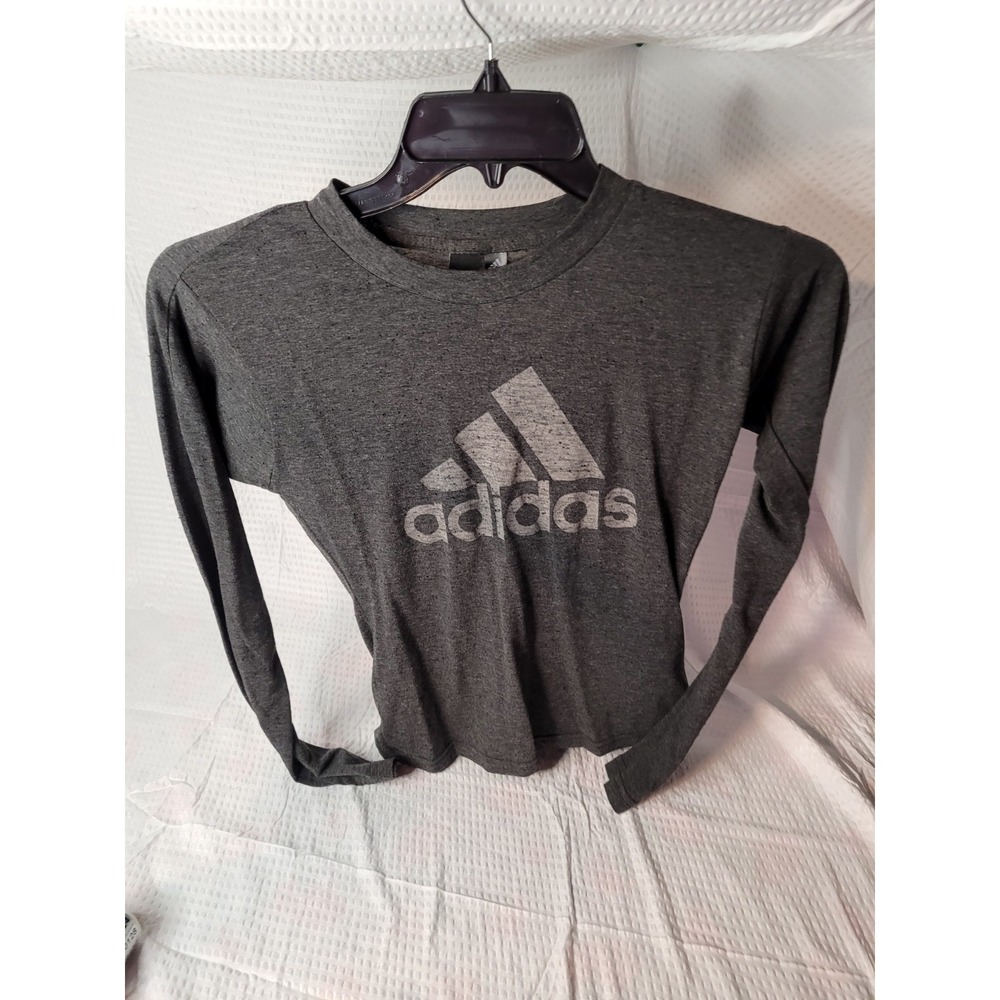Adidas Gray Heather Long Sleeve Graphic Logo Tee Shirt Mens 2XS Raglan Sleeve